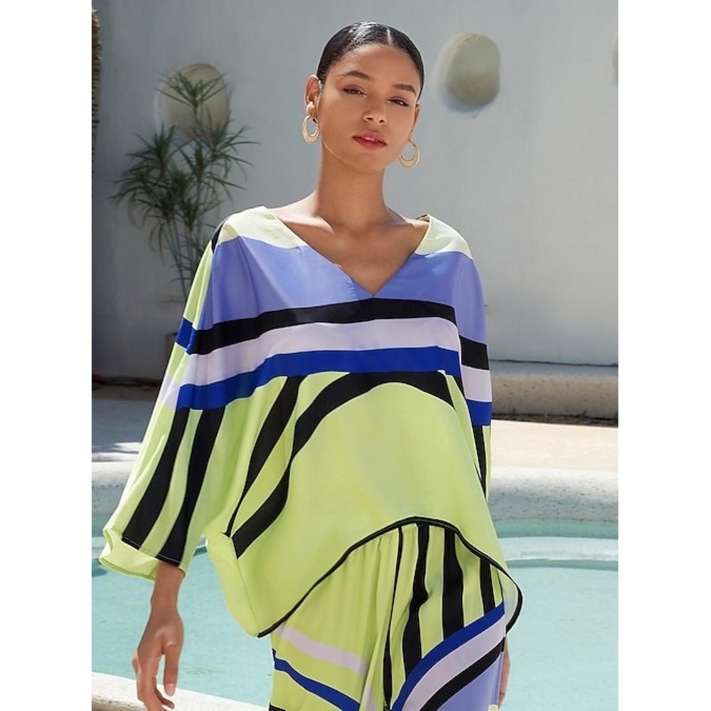 Ador Satin VNeck Geometric Print Poncho Blouse & Wide Leg Pant 2pc Set Small NWT - Picture 5 of 6